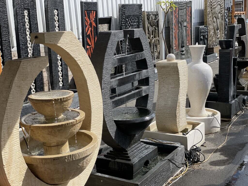 selection of different outdoor water features available at prime factory outlet